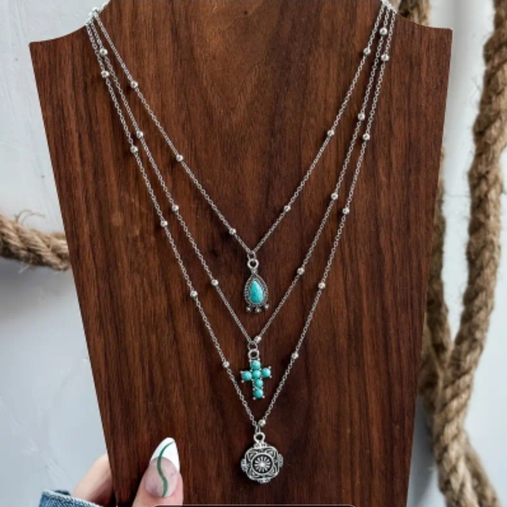 Western Silver and Turquoise Layered Necklace Set Cowgirl Necklace Southwestern